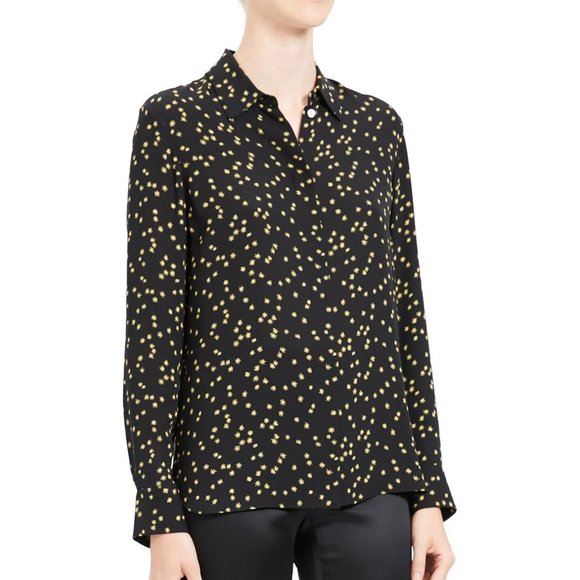 NWT Theory Classic Silk Button-Up Shirt Blouse | Star Print Work Shirt Office - Picture 1 of 12